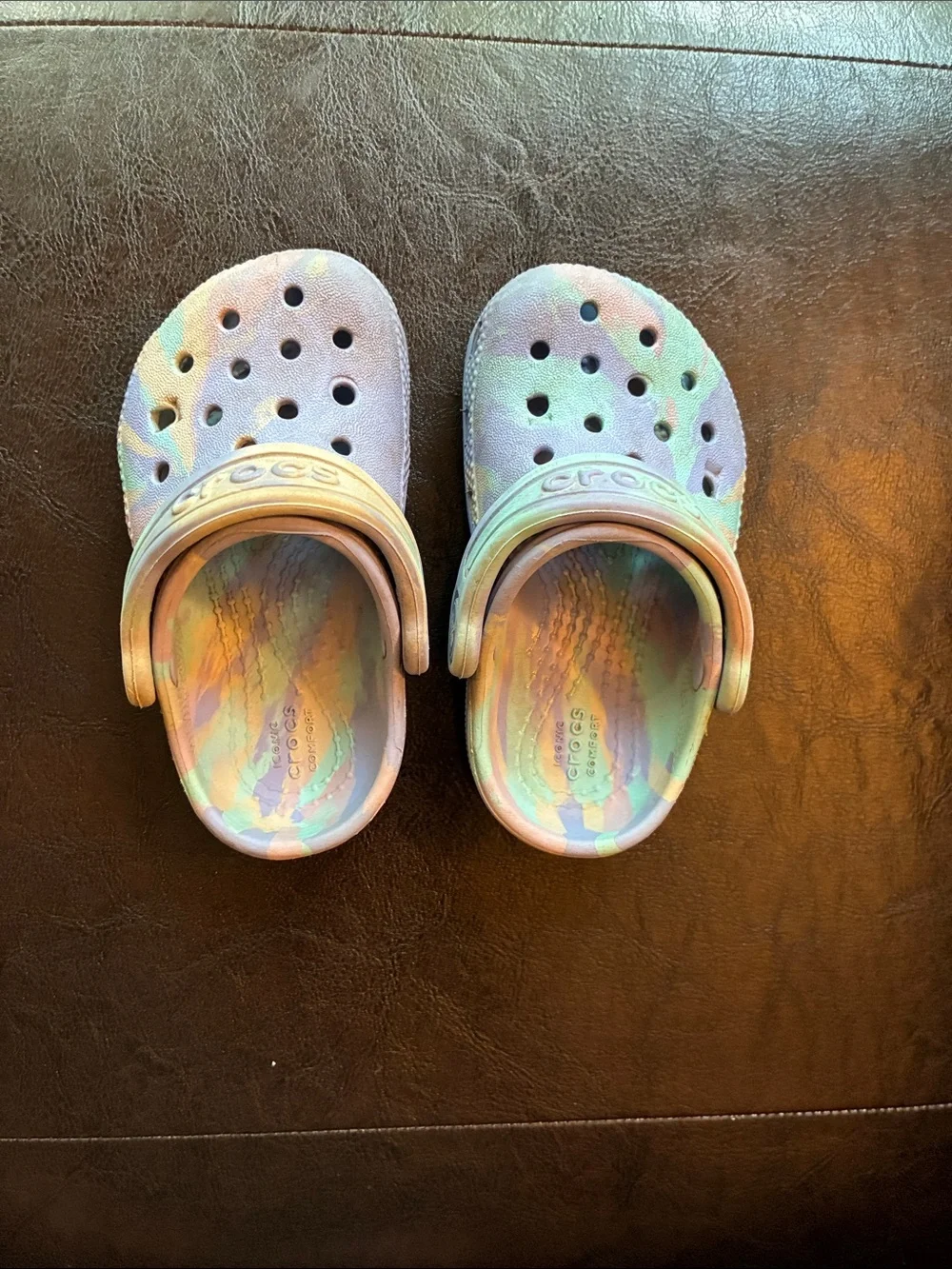 Baby size 5- CROCS Kids' Pastel Tie-Dye Clog - Blue Green Purple